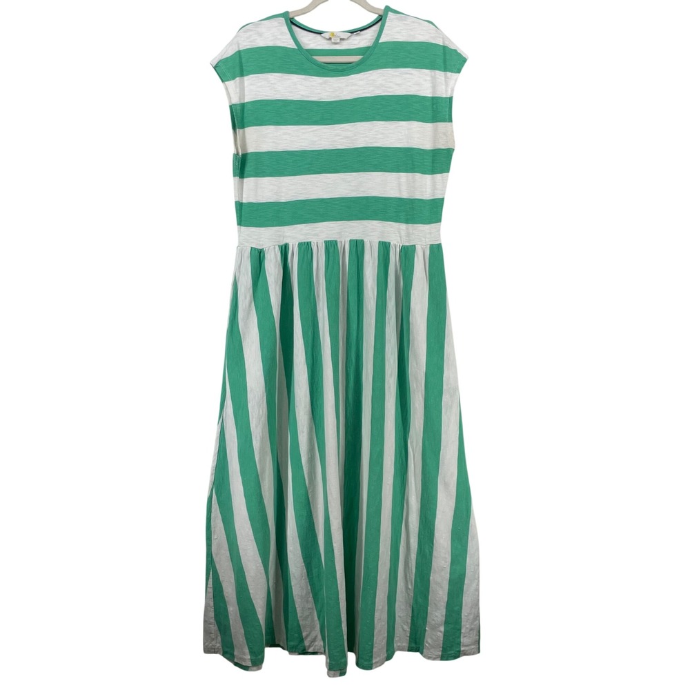 Boden Size 8R Striped Midi Dress Green White Cotton Cap Sleeve Pockets Womens